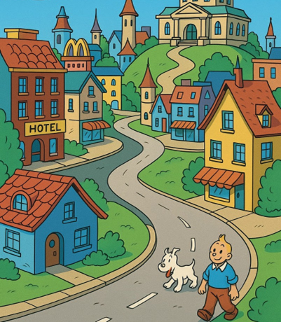 Un chien, un capitaine, deux policiers, une fusée, un navire — cela a donné lieu à une discussion amicale avec des questions, des réponses, des demandes de précisions et des esquives, des erreurs et des enchevêtrements. À la question de savoir si ChatGPT pourrait produire Mickey Mouse à côté de Tintin, on a reçu une réponse négative « A cause des droits d’auteur et de la protection des marques ». En guise d’offre de paix, on demande à ChatGPT de dessiner une image montrant des maisons de dessins animés, sans souris humaine. Et nous voilà avec un Tintin légèrement rapetissé et Milou arrivent dans le monde parallèle de Disney sans qu’on le leur demande. La compréhension entre l’homme et la machine a encore un long chemin à parcourir.